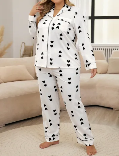 Women Plus Size Printed Long Sleeve Cardigan Loose Pants Pajama Set