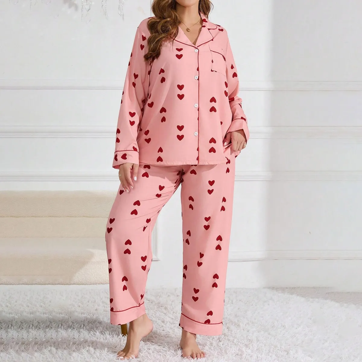 Women Plus Size Printed Long Sleeve Cardigan Loose Pants Pajama Set