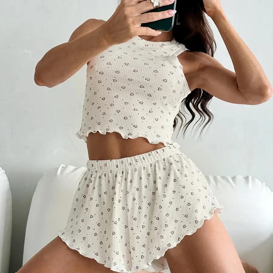 Women Fashion Sexy Leopard Printed Tank Top Loose Shorts Pajamas Two-Piece Set