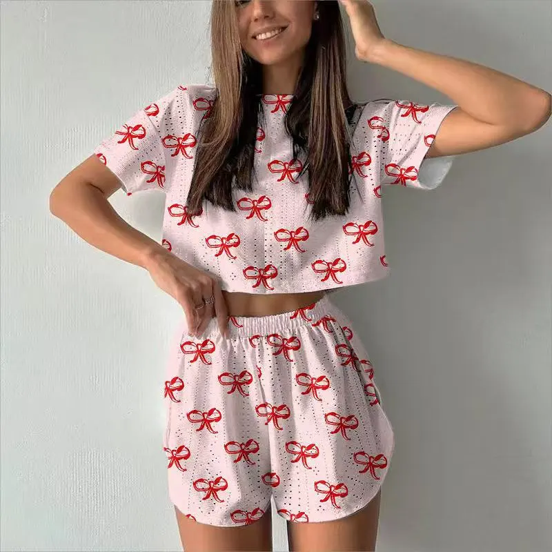 Women's Jacquard Printed Short-Sleeve T-Shirt and Loose Shorts Pajama Set