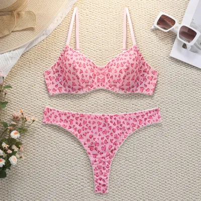 Women Fashion Printed Steel Ring Gathering Bra Underpants Set