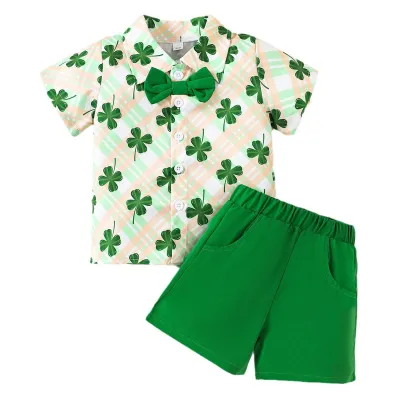 Kids Boy's St. Patrick's Day Four-Leaf Clover Printed Short-Sleeve Shirt and Shorts Two-Piece Set