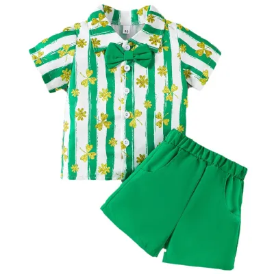 Kids Boy's St. Patrick's Day Four-Leaf Clover Printed Short-Sleeve Shirt and Shorts Two-Piece Set