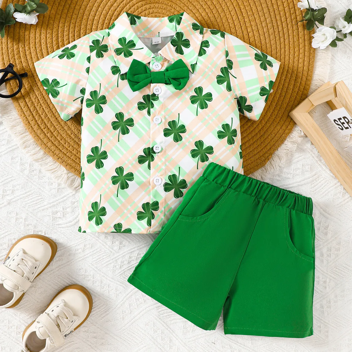 Kids Boy's St. Patrick's Day Four-Leaf Clover Printed Short-Sleeve Shirt and Shorts Two-Piece Set