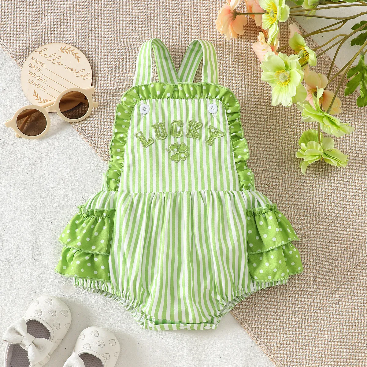 Kids Baby Girls St. Patrick's Day Clover Embroidered Cotton Rompers Sleeveless Party Festivals
