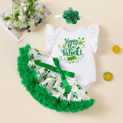 Girls St. Patrick Day Printed Short-Sleeve Rompers Mesh Skirts Hairband Three-Piece Set