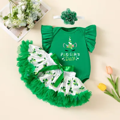 Girls St. Patrick Day Printed Short-Sleeve Rompers Mesh Skirts Hairband Three-Piece Set