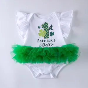 Girls St. Patrick's Day Printed Letter Sleeveless Mesh Romper