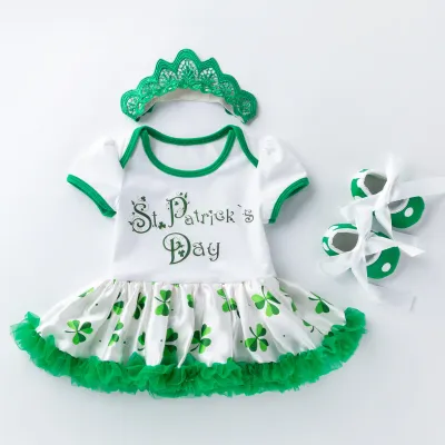 Kids Baby Girls St. Patrick Day Printed Short Sleeve Mesh Rompers Hairband Shoes Three Piece Set