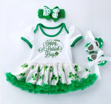 Kids Baby Girls St. Patrick Day Printed Short Sleeve Mesh Rompers Hairband Shoes Three Piece Set