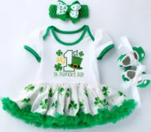 Kids Baby Girls St. Patrick Day Printed Short Sleeve Mesh Rompers Hairband Shoes Three Piece Set