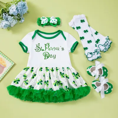 Kids Baby Girls St. Patrick Day Printed Short-Sleeve Mesh Dress A-Line Skirt with Hairband Socks Shoes Four-Piece Set