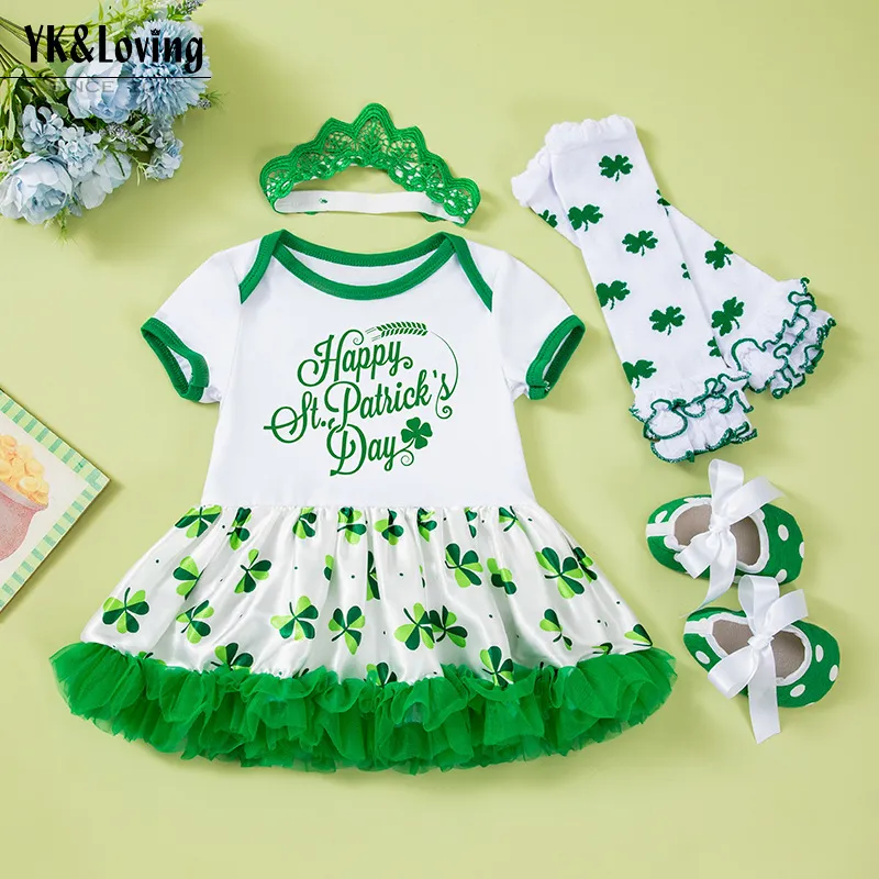 Kids Baby Girls St. Patrick Day Printed Short-Sleeve Mesh Dress A-Line Skirt with Hairband Socks Shoes Four-Piece Set