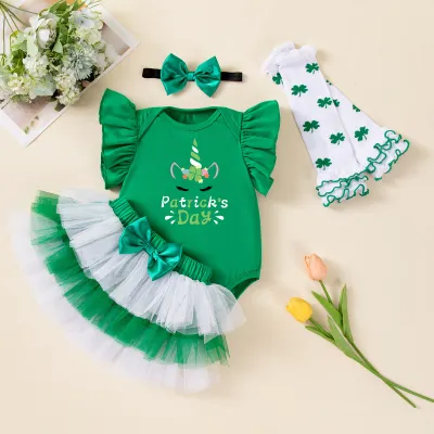 Kids Baby Girls Fashion St. Patrick Day Flutter Sleeve Rompers Mesh Bowknot Skirts Hairband Socks Four-Piece Set