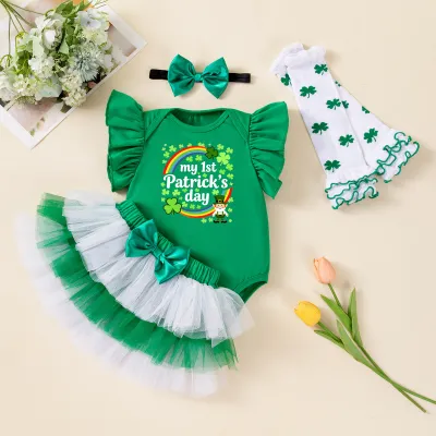 Kids Baby Girls Fashion St. Patrick Day Flutter Sleeve Rompers Mesh Bowknot Skirts Hairband Socks Four-Piece Set