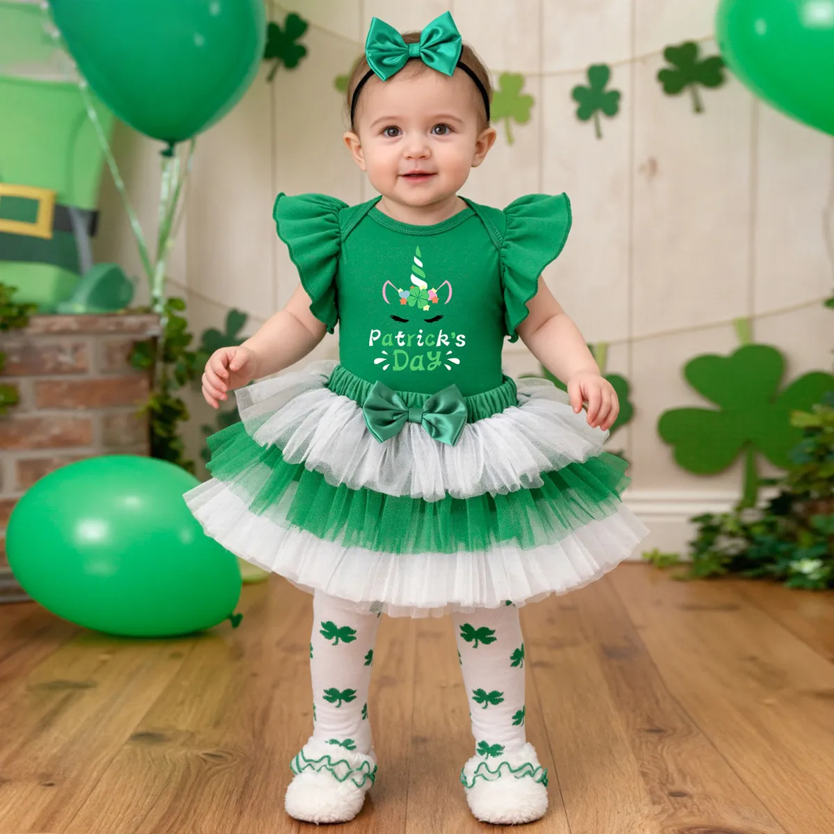 Kids Baby Girls Fashion St. Patrick Day Flutter Sleeve Rompers Mesh Bowknot Skirts Hairband Socks Four-Piece Set