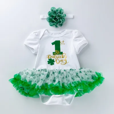 Kids Baby Girl St. Patrick's Green Letter Printed Mesh Short-Sleeve Rompers Hairband Two-Piece Set