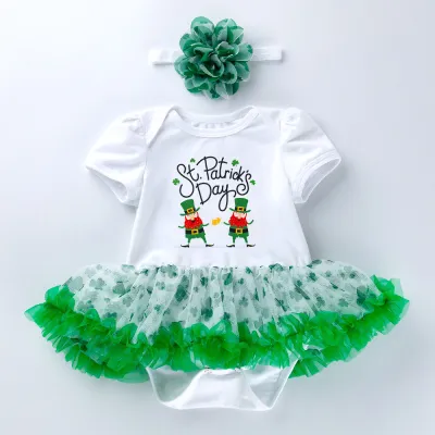Kids Baby Girl St. Patrick's Green Letter Printed Mesh Short-Sleeve Rompers Hairband Two-Piece Set