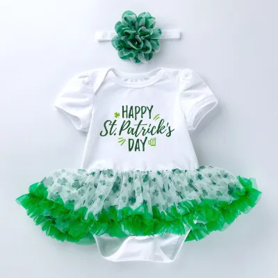 Kids Baby Girl St. Patrick's Green Letter Printed Mesh Short-Sleeve Rompers Hairband Two-Piece Set