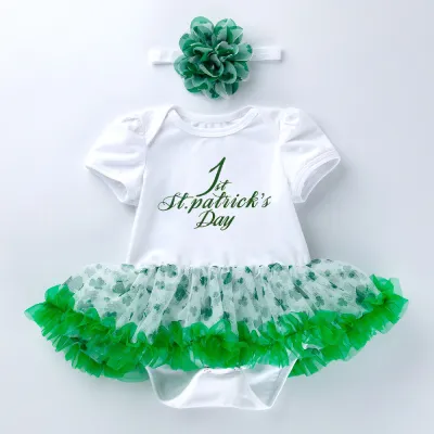Kids Baby Girl St. Patrick's Green Letter Printed Mesh Short-Sleeve Rompers Hairband Two-Piece Set