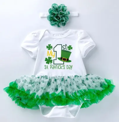 Kids Baby Girl St. Patrick's Green Letter Printed Mesh Short-Sleeve Rompers Hairband Two-Piece Set