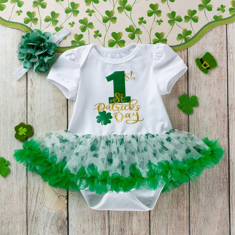 Kids Baby Girl St. Patrick's Green Letter Printed Mesh Short-Sleeve Rompers Hairband Two-Piece Set