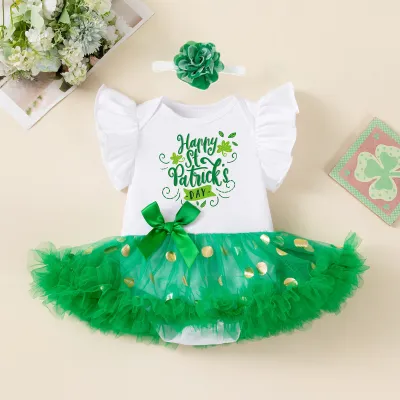 Kids Baby Girls St. Patrick Day Flutter Sleeve Mesh Bowknot Rompers Hairband Two-Piece Set