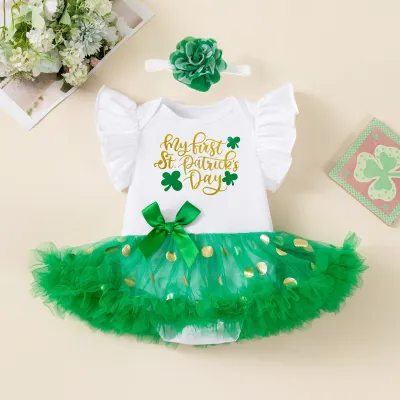 Kids Baby Girls St. Patrick Day Flutter Sleeve Mesh Bowknot Rompers Hairband Two-Piece Set