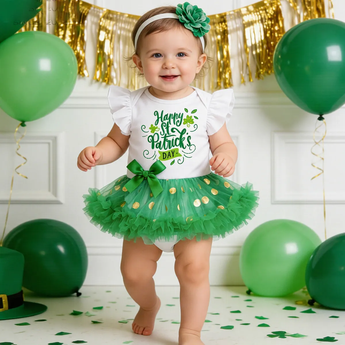 Kids Baby Girls St. Patrick Day Flutter Sleeve Mesh Bowknot Rompers Hairband Two-Piece Set