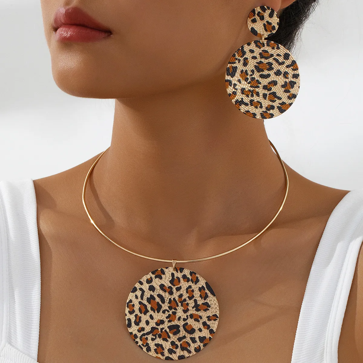 Women's Fashion Leopard Print Round Earrings and Necklace Set Retro Alloy Jewelry Set