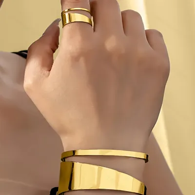 Women Fashion Geometric Hollow Solid Color Wide Opening Bracelet Ring Set