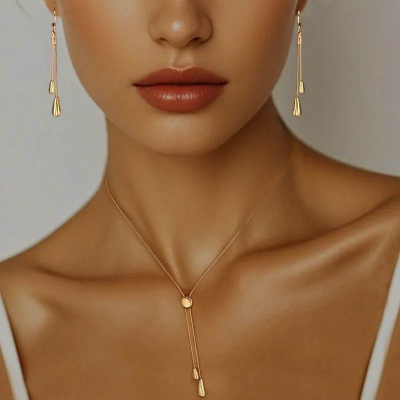 Women Fashion Solid Color Water Drop Love Shape Adjustable Necklace Earrings Set