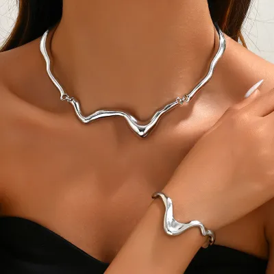 Women Liquid Lava Metal Twisted Bracelet Necklace Set