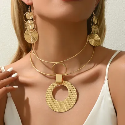 Women Fashion Exaggerated Geometric Round Necklace Earrings Set
