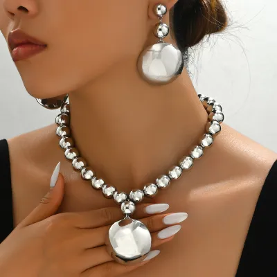 Women Fashion Metal Round Bead Pendant Necklace Earrings Set
