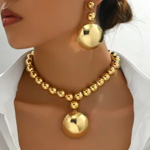 Women Fashion Metal Round Bead Pendant Necklace Earrings Set