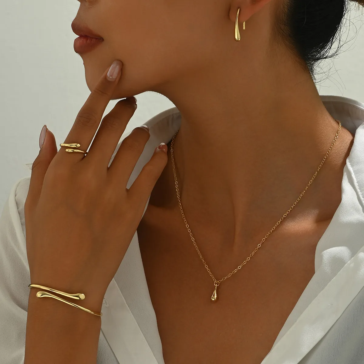 Women Fashion Simple Water Drop Design Adjusting Ring Bracelet Earrings Necklace Set Copper Geometry