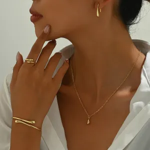 Women Fashion Simple Water Drop Design Adjusting Ring Bracelet Earrings Necklace Set Copper Geometry