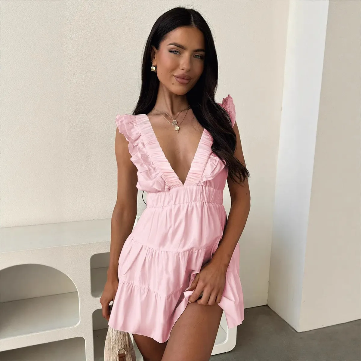 Women Fashion Sexy Solid Color V-Neck Sleeveless Ruffled Dress