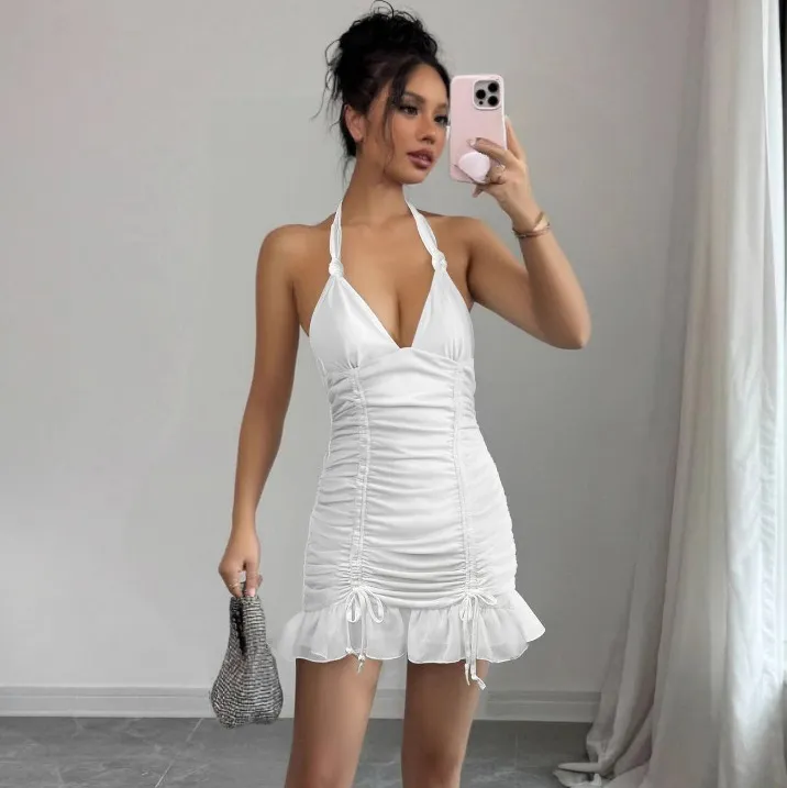 Women Fashion Sexy Solid Color Halter-Neck Deep V-Neck Pleated Dress