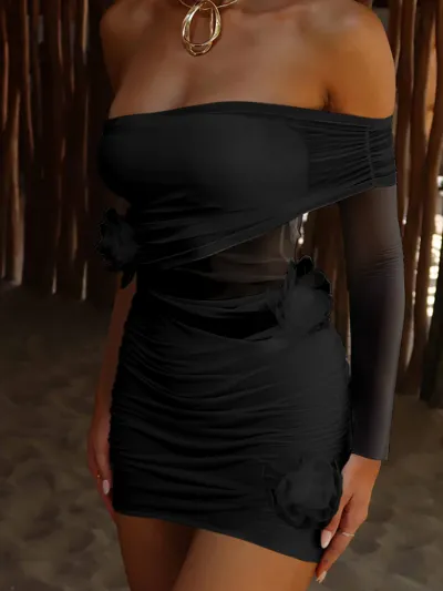 Women Fashion Sexy Solid Color Mesh Wrap Chest Dress Long Sleeve Slim-Fit Mini Dress