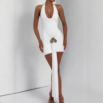Women Sexy Halter-Neck Sleeveless Pleated Dress with Metal Buckle