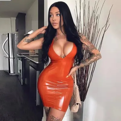 Women Sexy Solid Color V-Neck Sleeveless Slim Fit Splice Dress