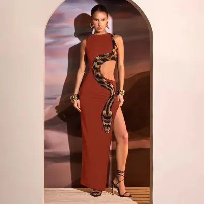 Women Fashion Sexy Snake Print Hollow Sleeveless Slim Fit Split Maxi Dress