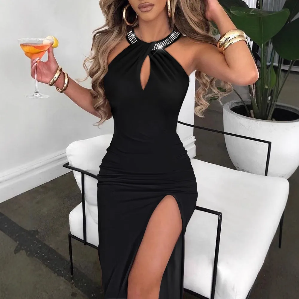 Women Sexy Solid Color Halter-Neck Sleeveless Split Maxi Dress