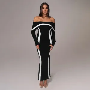 Women Fashion Sexy Contrast Color Off-Shoulder Long-Sleeve Slim-Fit Hip Bag Dress