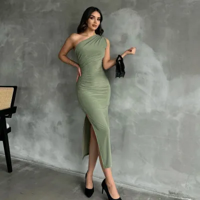 Women Sexy Solid Color Oblique Shoulder Sleeveless Slim-Fit Maxi Dress