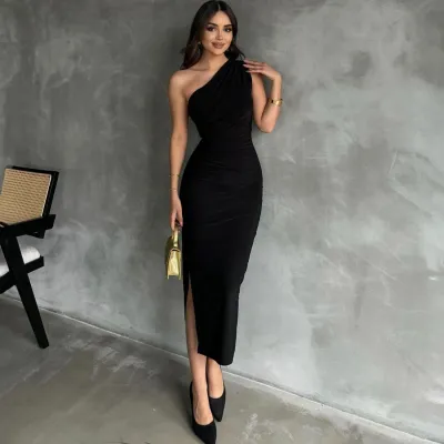 Women Sexy Solid Color Oblique Shoulder Sleeveless Slim-Fit Maxi Dress