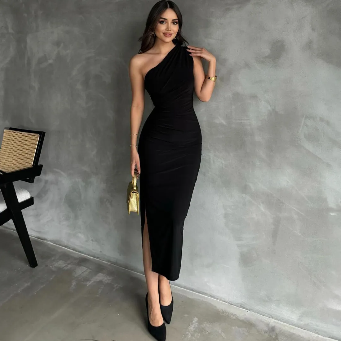 Women Sexy Solid Color Oblique Shoulder Sleeveless Slim-Fit Maxi Dress