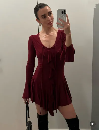 Women Fashion Elegant Solid Color V-Neck Long-Sleeve Ruffled Slim-Fit Dress